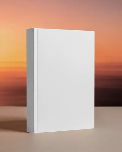 Upright Hardcover Book Mockup On Neutral Surface With Warm Sunset Gradient Background Soft Lighting For Calm Mood