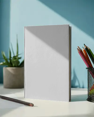 Daylight Workspace Book Mockup Standing On White Table With Pencil Holder Under Sharp Light Angle