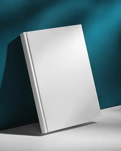 Upright Hardcover Book Mockup Against Deep Teal Wall With Moody Lighting And Soft Shadow