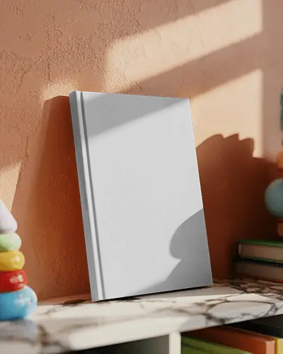 Learning Book Mockup On Shelf Against Textured Peach Wall In Playful Nursery Setting