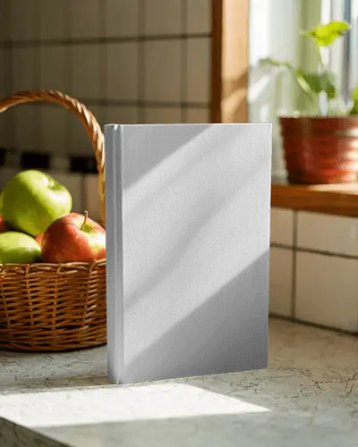 Cozy Kitchen Book Mockup On Countertop Near Fruit Basket With Sunlight Through Window