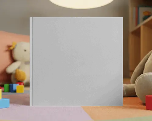 Square Book Mockup In Toy Filled Nursery On Colorful Soft Mat With Stuffed Animals