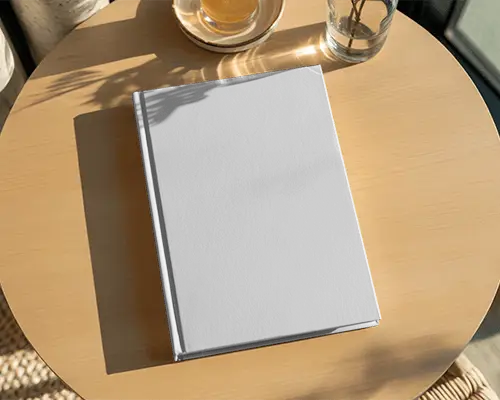 Hardcover Book Mockup Flat On Round Wooden Table With Sunlight And Tea Glass