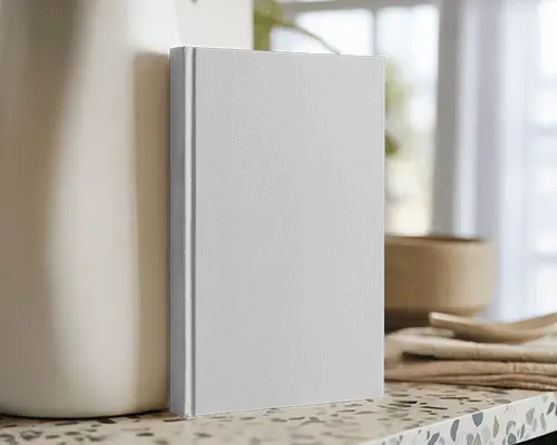 Standing Book Mockup On Speckled Countertop Beside Vase In Sunlit Modern Kitchen