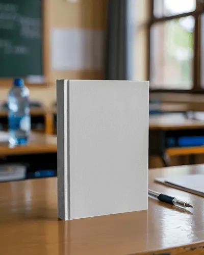 Hardcover Book Mockup On Desk In Bright Classroom With Window And Blackboard Background