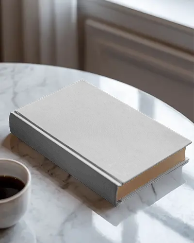 Hardcover Book Mockup On Round White Marble Table With Black Coffee Cup In Soft Light