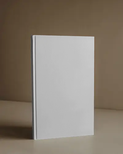 Standing Book Mockup Against Warm Beige Wall On Minimal Desk In Studio Lighting