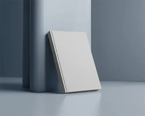 Vertical Hardcover Book Mockup Leaning On Abstract Blue Geometry Pedestal Scene Modern  Background