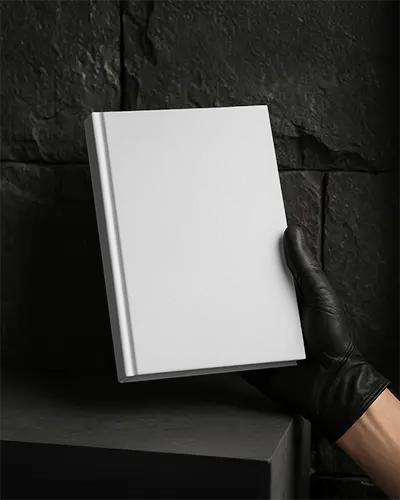 Closeup Gloved Hand Holding Blank Hardcover Book Mockup Against Dark Stone Wall Elegant Stylish Mood