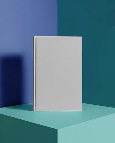 Standing Hardcover Book Mockup On Colorful Geometric Podium Modern Abstract Interior Lighting Scene