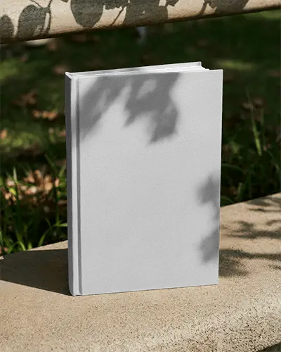 Standing Book Mockup On Stone Bench With Dappled Light Filtered Through Outdoor Leafy Shade Scene