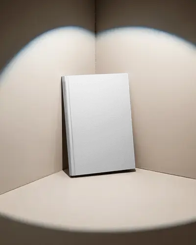 Spotlit Corner Book Mockup Standing Against Beige Wall Soft Shadow And Studio Lighting
