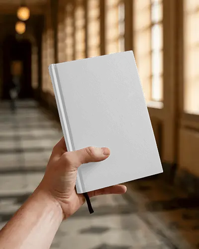 Elegant Hallway Book Mockup Hand Holding Hardcover In Sunlit Vintage Interior Setting