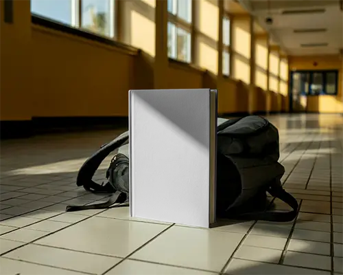 book-mockup-placed-against-backpack-in-corridor-with-sunlight-pattern-educational-environment