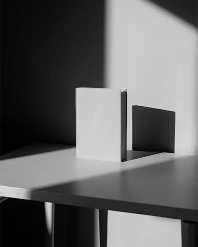Minimalistic Hardcover Book Mockup Display Standing On Clean Table Surface Light Shadow