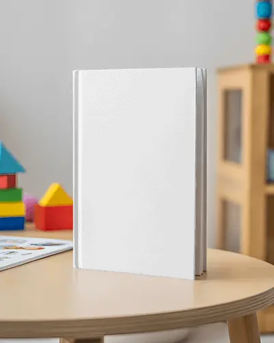 hardcover-book-mockup-blank-front-cover-on-wooden-table-kids-educational-toys-background