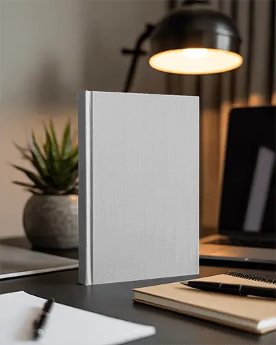 Blank Book Cover Mockup With Office Accessories And Warm Lamp Lighting