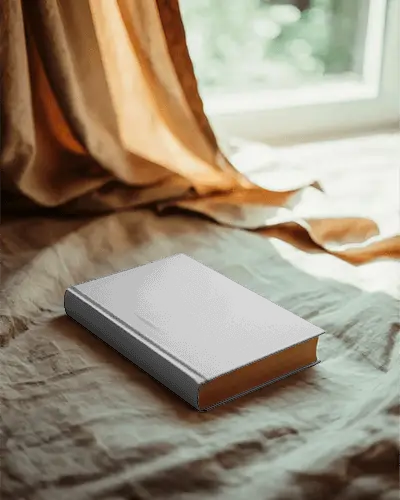 hardcover-book-mockup-on-soft-fabric-bed-near-window-light-in-vintage-style-room