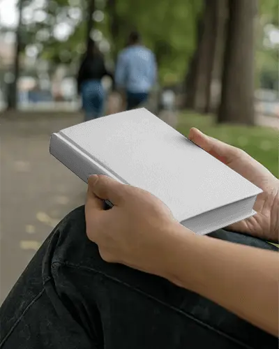 hand-held-closed-book-mockup-on-lap-with-blurred-background-walking-people