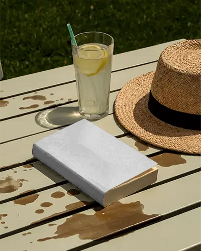 realistic-book-mockup-on-picnic-table-with-cold-drink-and-summer-hat-in-natural-light