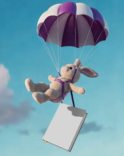 Plush Bunny Parachute Falling With Hanging Book Mockup Against Clear Blue Sky Background