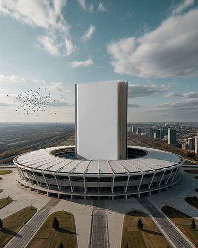 Giant Hardcover Book Mockup On Top Of Modern Stadium In Urban Landscape Skybackground