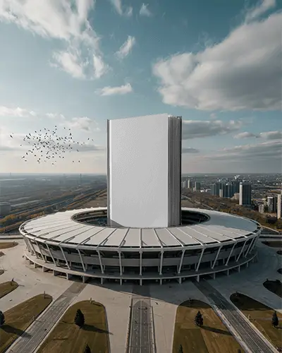 Giant Hardcover Book Mockup On Top Of Modern Stadium In Urban Landscape Skybackground