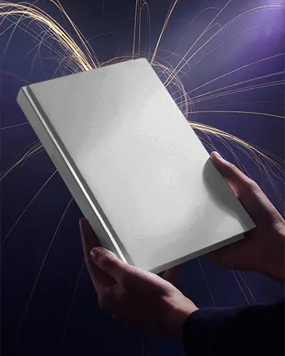 Hands Holding Hardcover Blank Book Mockup With Light Trails Background For Publishing