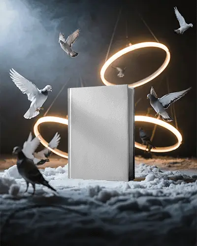 Ethereal Book Cover Mockup Surrounded By Doves And Futuristic Ring Lights In Dark Room