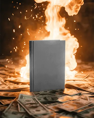 Eye Catching Hardcover Book Mockup With Dramatic Fire And Money Background Ideal For Marketing