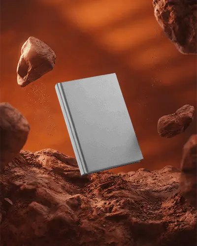 Futuristic Hardcover Book Mockup Floating On Rocky Martian Surface In Outer Space
