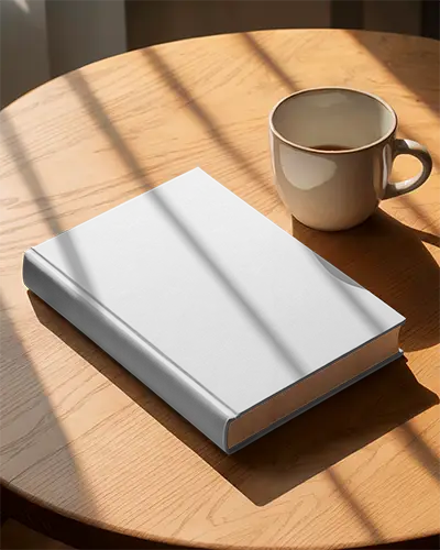 Hardcover Book Mockup On Wooden Table With Coffee Cup And Natural Light Shadow Play