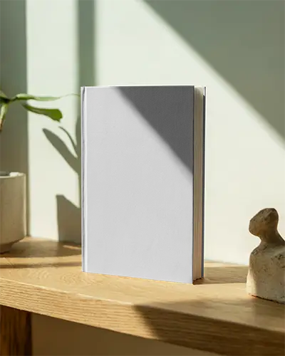 Hardcover Book Mockup On Wooden Shelf With Natural Light And Minimalist Background