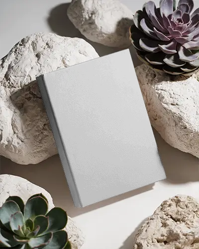 Hardcover Book Mockup With Natural Stone And Succulent Plant Background