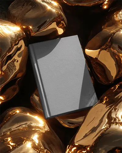 Luxury Hardcover Book Mockup Surrounded By Reflective Metallic Sculptures For Premium Design