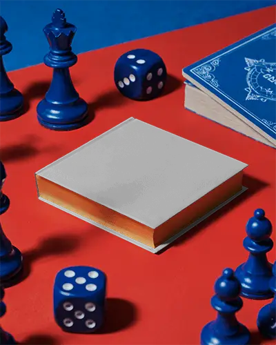 Gaming Themed Book Mockup With Chess Pieces Dice And Another Book In Background