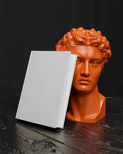 Elegant Hardcover Book Mockup With Ancient Sculpture Head On Wooden Surface Background
