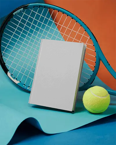 Tennis Racket And Ball With Hardcover Book Mockup For Sports Themed Publications
