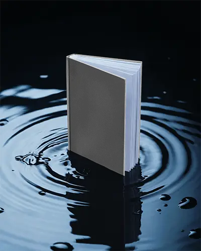 Hardcover Book Mockup With Open Pages In Water Splash Background Isolated