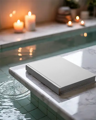 Realistic Book Mockup Stylishly Placed Next To Tranquil Pool And Ambient Candle Setup