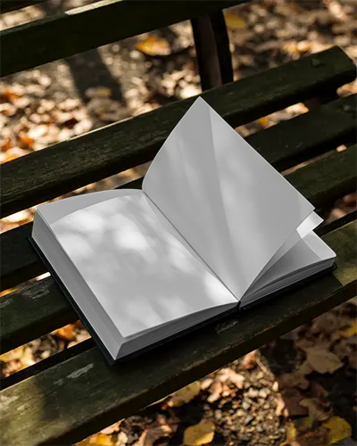 Realistic Outdoor Book Mockup With Turned Page On Wooden Surface Autumn Theme Background