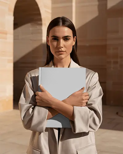 Professional Woman Holding Hardcover Book Mockup Outdoor Urban Background Stylish