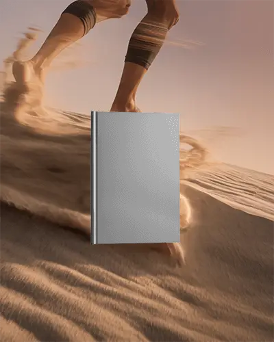 Realistic Hardcover Book Mockup Floating Against Motion Blurred Desert Sand Dune Background