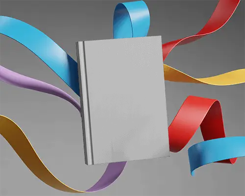 Hardcover Book Mockup Floating With Abstract Colored Ribbons Background For Design Display