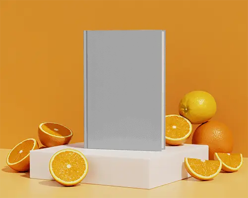 Square Hardcover Book Mockup With Citrus Fruits On Minimalist Stand For Design