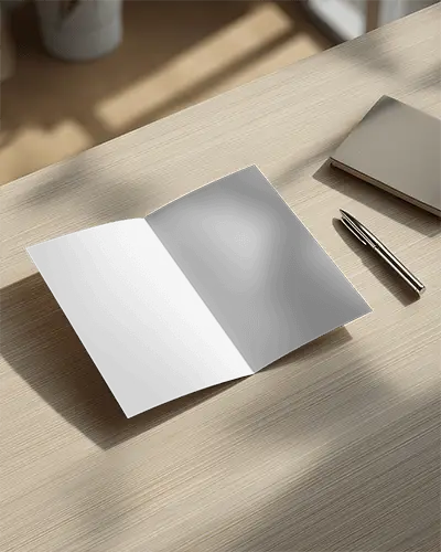 Minimal Open Brochure Template Mockup Displayed On Textured Wooden Surface With Office Items