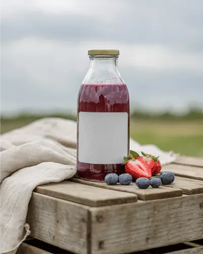Glass Bottle Mockup With Fruit Juice And Fresh Berries On Rustic Wooden Surface Outdoor