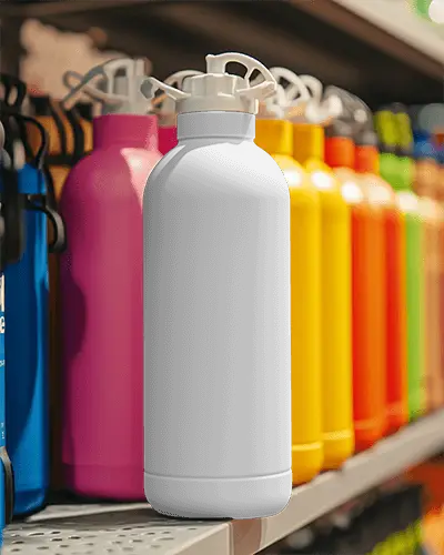Plastic Water Bottle Mockup On Store Shelf Front Facing Colorful Background High Contrast Vibrant Display