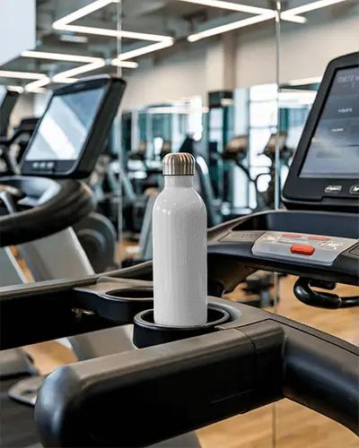 Gym Treadmill Bottle Mockup White Insulated Drink Container With Custom Design Placeholder Positioned On Modern Cardio Machine Clean And Minimalist Aesthetic**