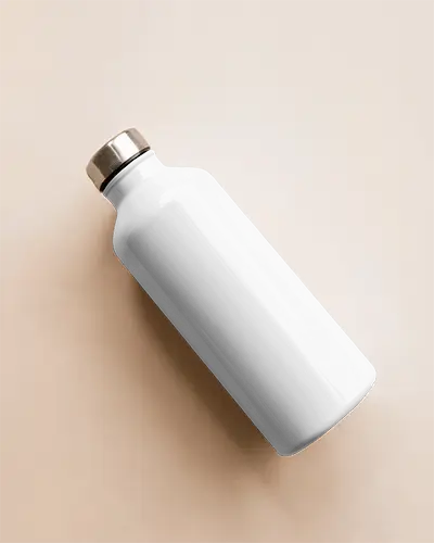 Glossy Plastic Water Bottle Mockup Angled View Metallic Cap Minimal Setup Soft Lighting Clean Look